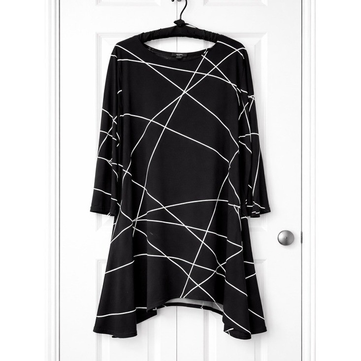 Alfani Black White Abstract Tunic Top 2X Flowy 3/4 Sleeve Casual