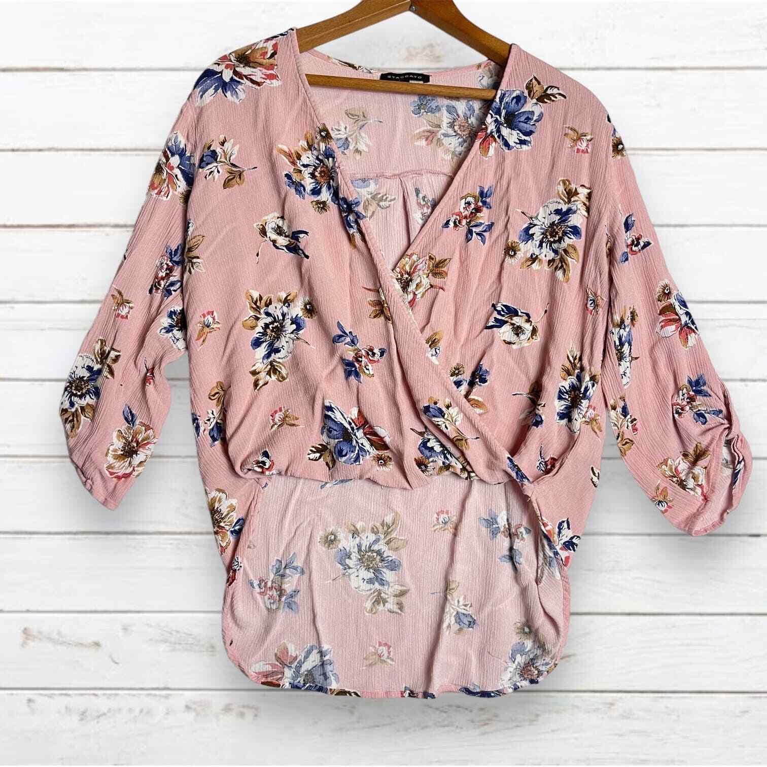 Staccato Women’s Pink Floral Hi-Low Faux Wrap 3/4 Sleeve Blouse Size M