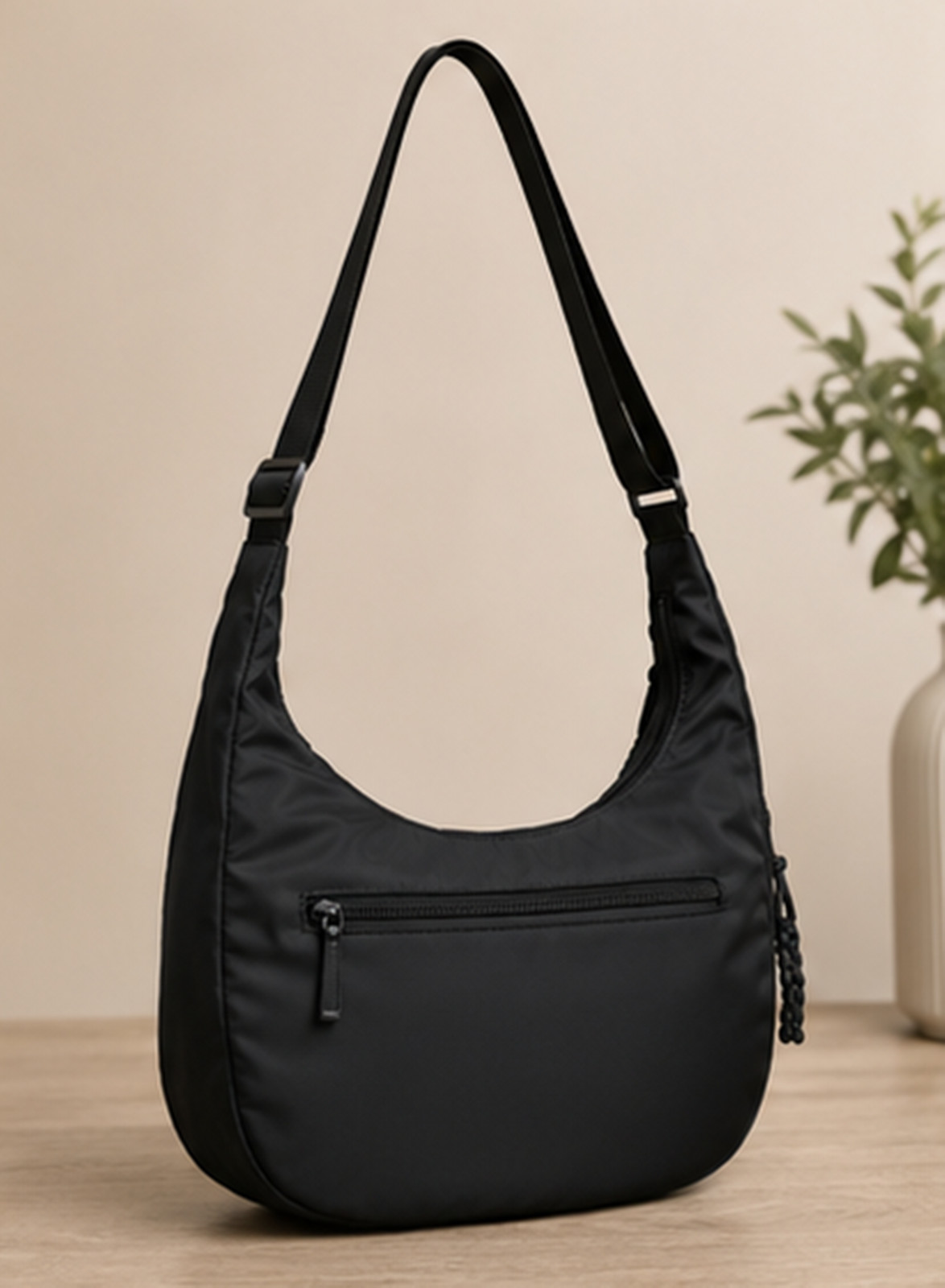 Black Minimalist Bag, Neutral Half Moon Shoulder Bag