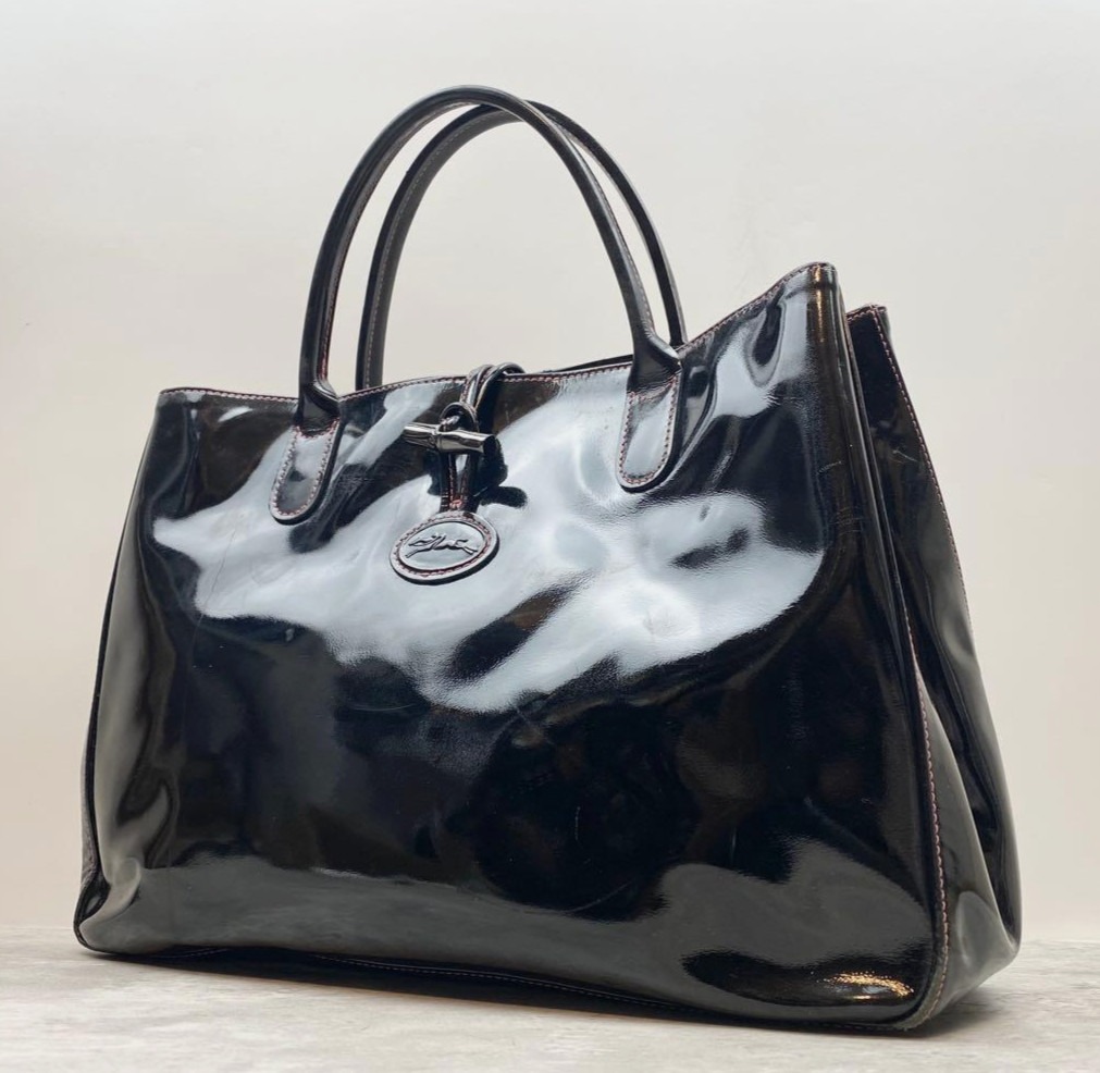 Longchamp Roseau Tote Bag Black Patent Leather A4 Documents Work 13.7in Auth