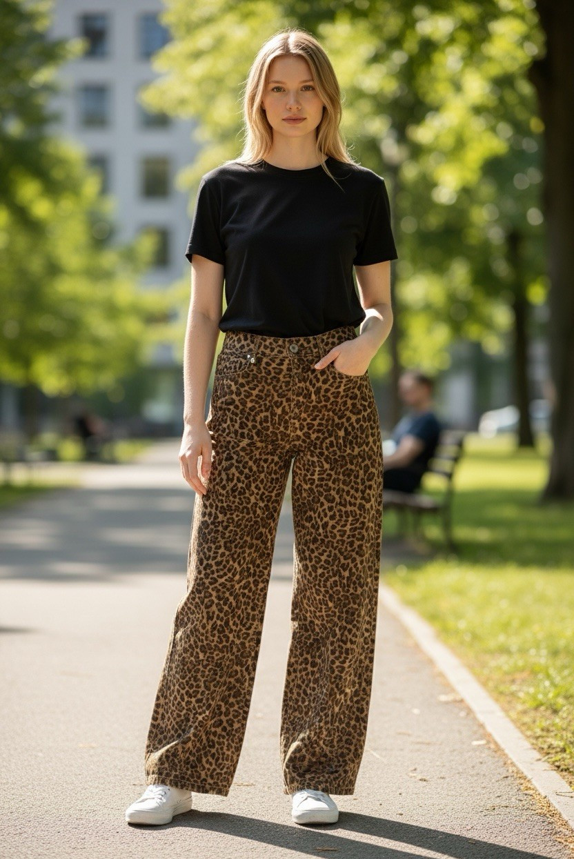 American Eagle Women’s Low Rise Baggy Wide-Leg Leopard Stretch Denim Pants 10L
