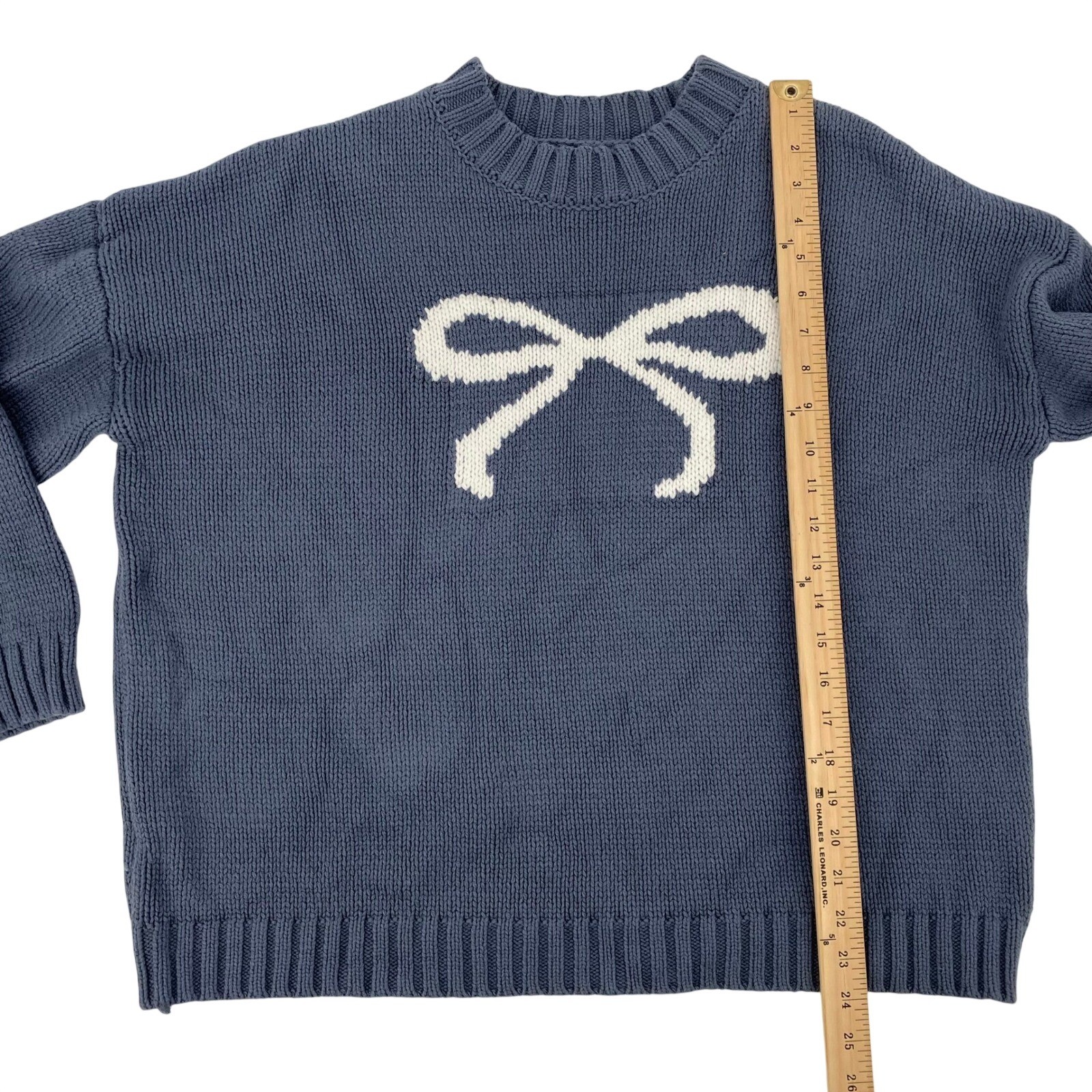 Blue Bow Intarsia Shaker Knit Sweater M Coquette Balletcore Cute Pastel Relaxed