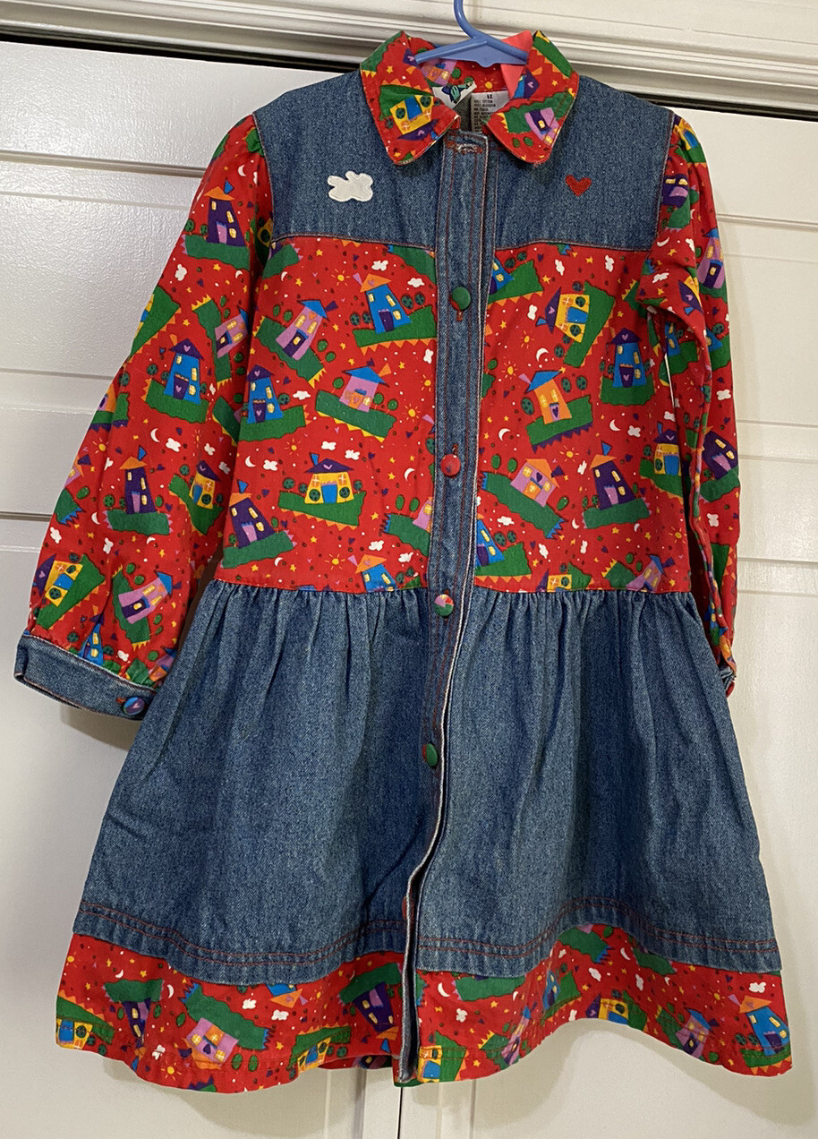Vintage Lyka Bear Youth Girls 6x Long Sleeve Denim Dress Colorful Houses