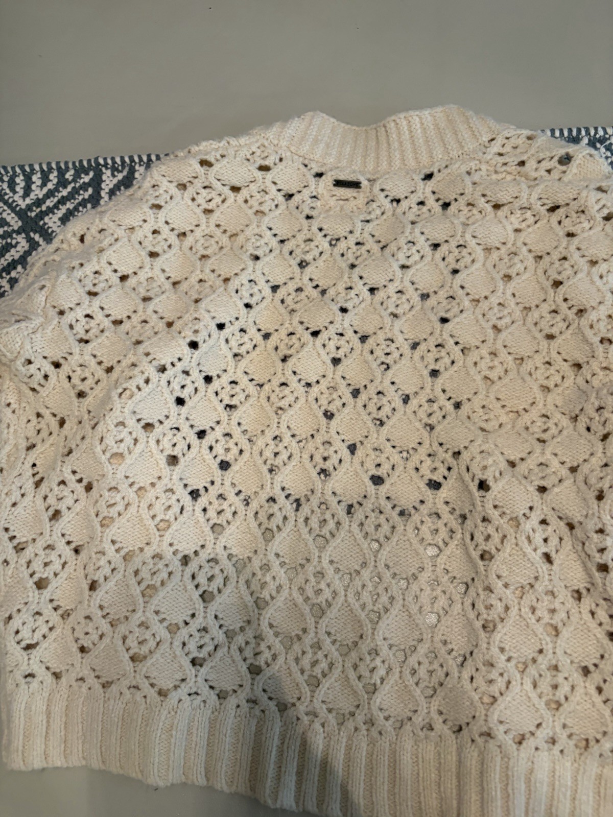 Billabong Women’s Ivory Open-Knit Crew Neck Pullover Sweater, Long Sleeve Small