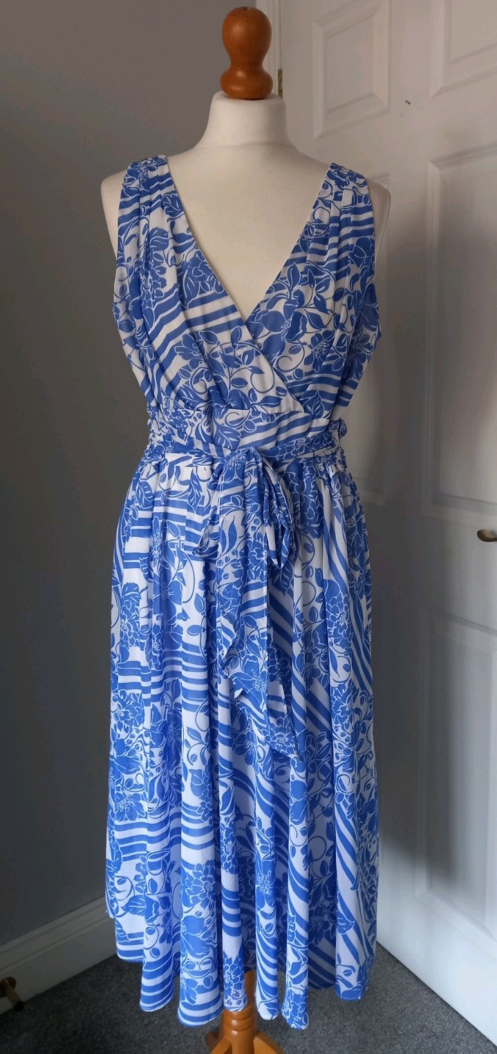 New Debut Debenhams Blue White Print V Neck Fit Flare Summer Tea Dress Uk 16