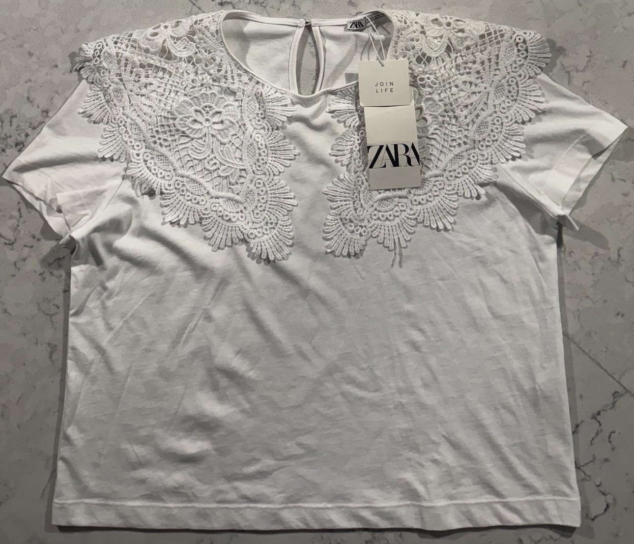 NWT Zara Lace Trim Top Womens Large White Short Sleeve Floral Embroidered Cotton