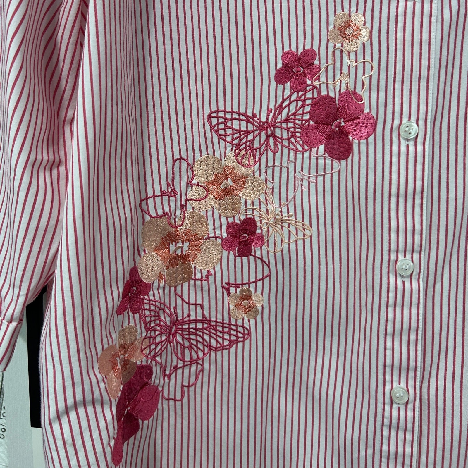 Embroidered Floral Butterfly Stripe Button Shirt Cottage Artsy Pink XL Bechamel
