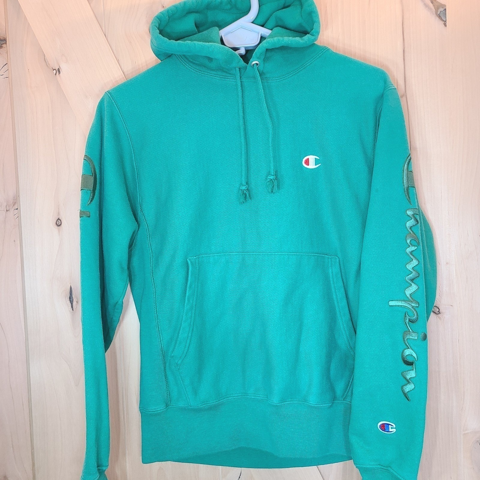 Champion Reverse Weave Hoodie Sweatshirt Green Script Logo Menswear