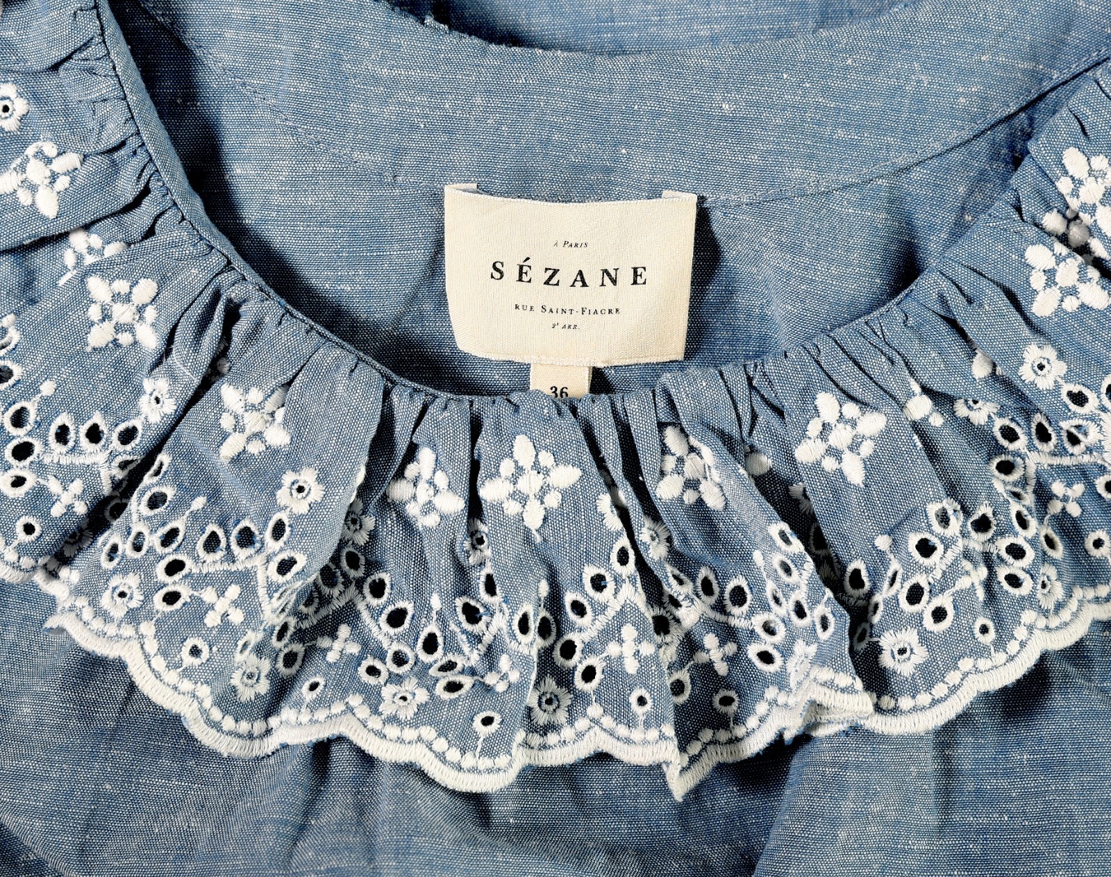 Sezane Rosa Top In Chambray S 36 Embroidered Ruffle Sleeveless Blouse NEW 46303