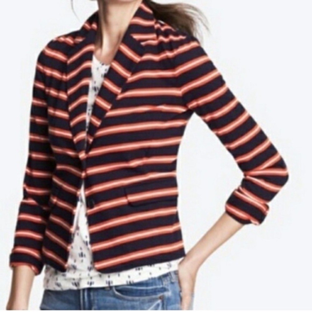 J.Crew Blazer Women S 14875 Navy Red White Striped Knit Cotton EUC