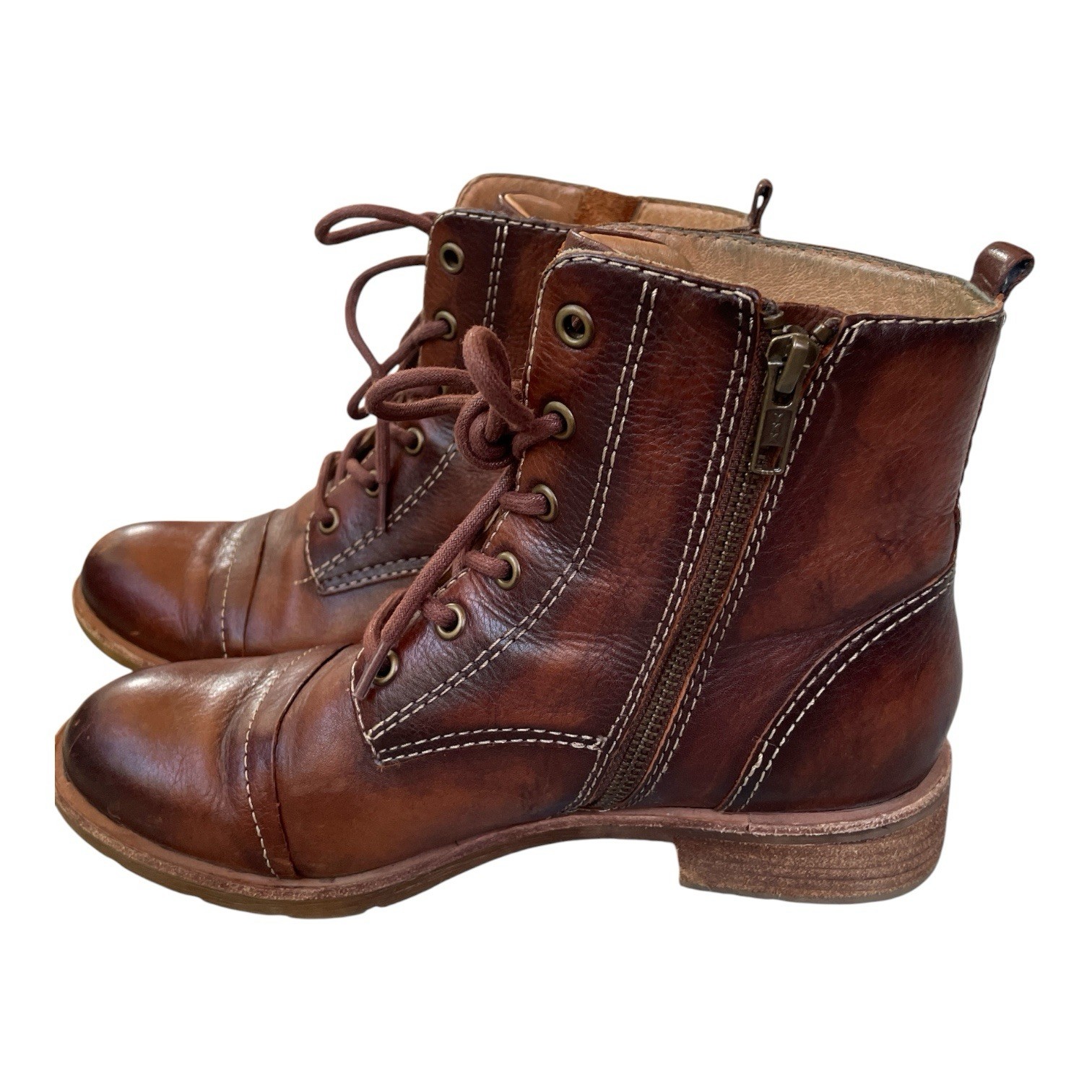 Söfft 8.5 Brown Leather Lace Up Combat Boots Side Zip 1.5″ Heel Moto Cap Toe
