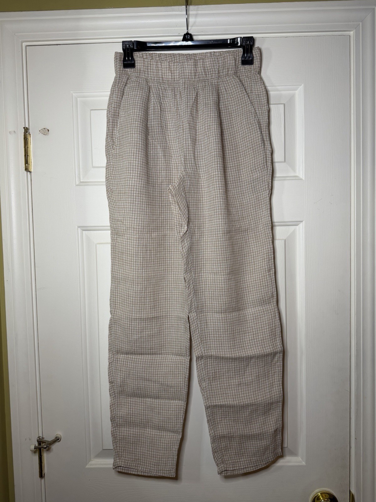 Eileen Fisher Puckered Organic Linen Nutural Check Pull On Pant Size XXS