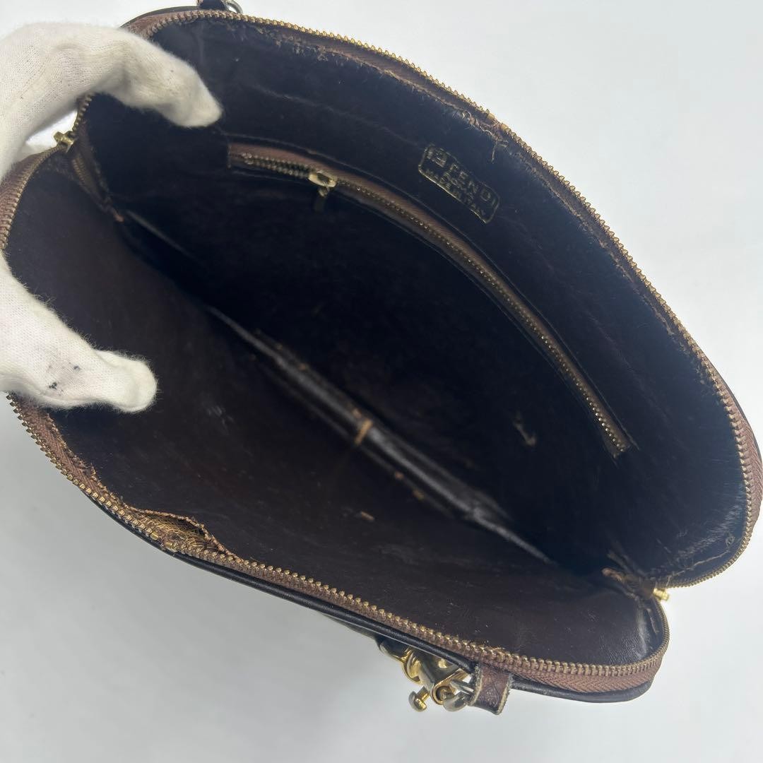 FENDI Zucca FF Shoulder Bag Ziplock Leather Canvas Brown Beige Gold #2702