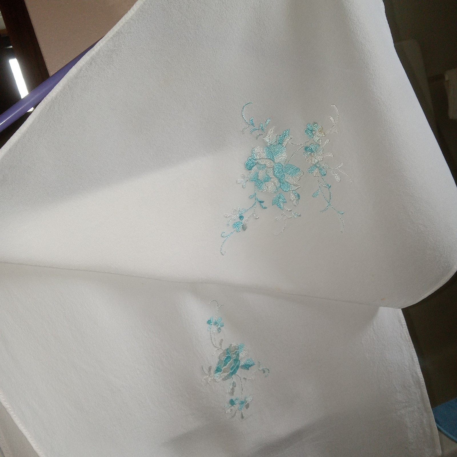 Vintage 100% Silk Embroidered Scarf Teal & Blue On Cream 13×53″ Set Of 2 Read