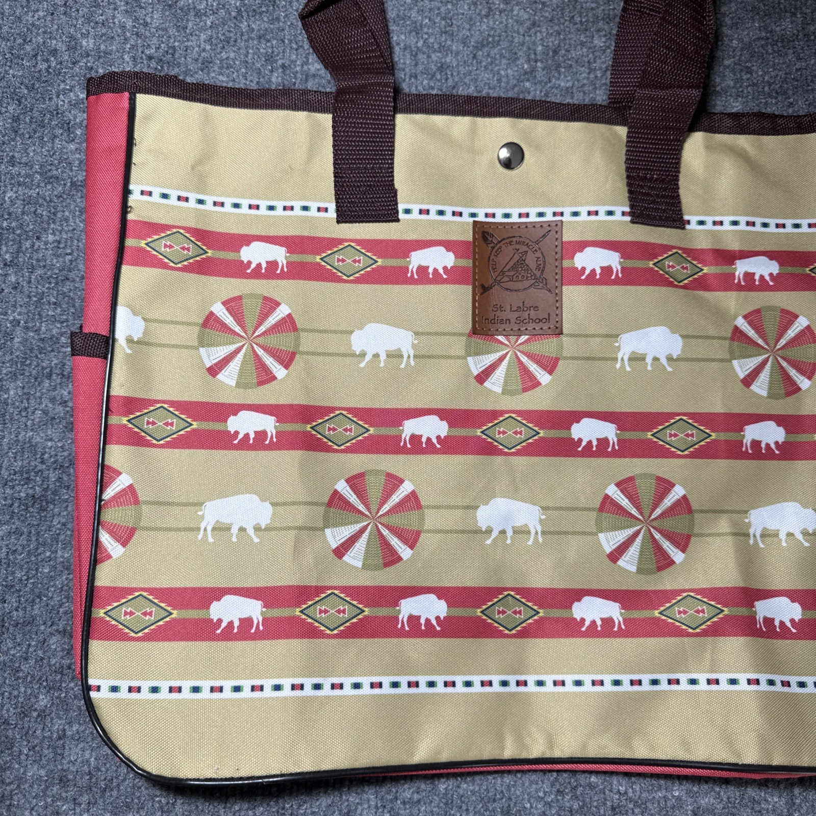 St Labre Indian School Aztec Bison Lunch Tote Bag Red Beige Native American