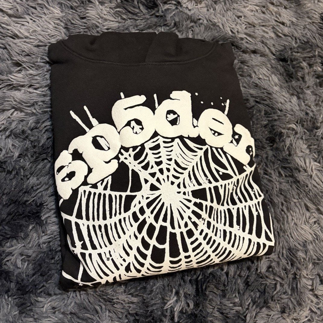 sp5der Black/White Pullover Hoodie Spider Web Graphic Print Long Sleeve XL