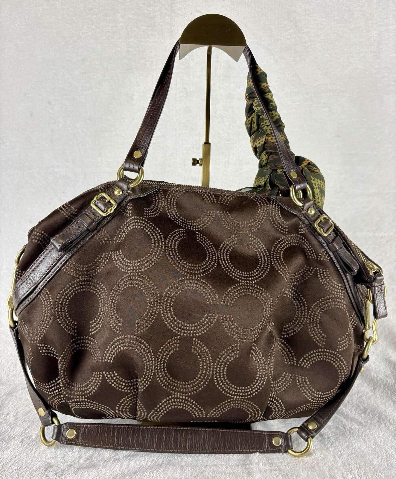 Coach Madison Dotted Op Art Sophia Satchel In Brown Sateen With Scarf