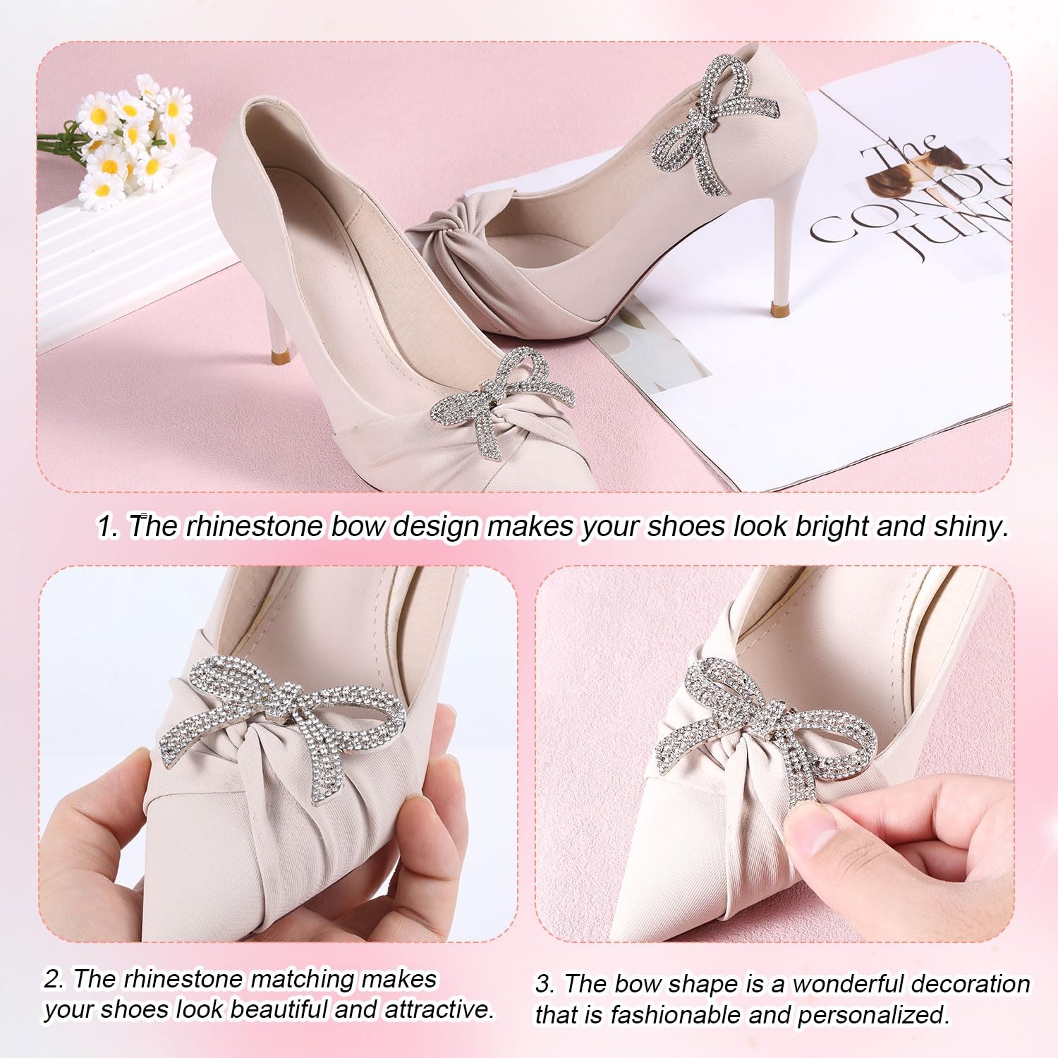 Mikovivi Silver Rhinestone Bow Shoe Clips, 2.36×1.57in, Decorative Accessories