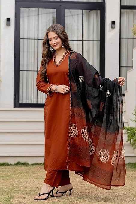 Pakistani Women Floral Printed Pure Cotton Straight Kurta with Palazzos Dupatta