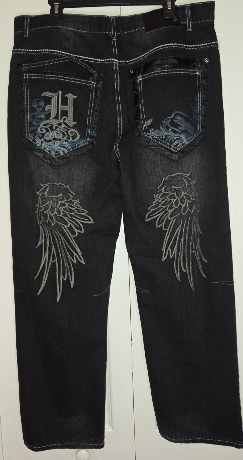 Mens PLAY BIGG Wide Leg Jeans Loose Fit Denim Embroidery Street Pants Sz 40