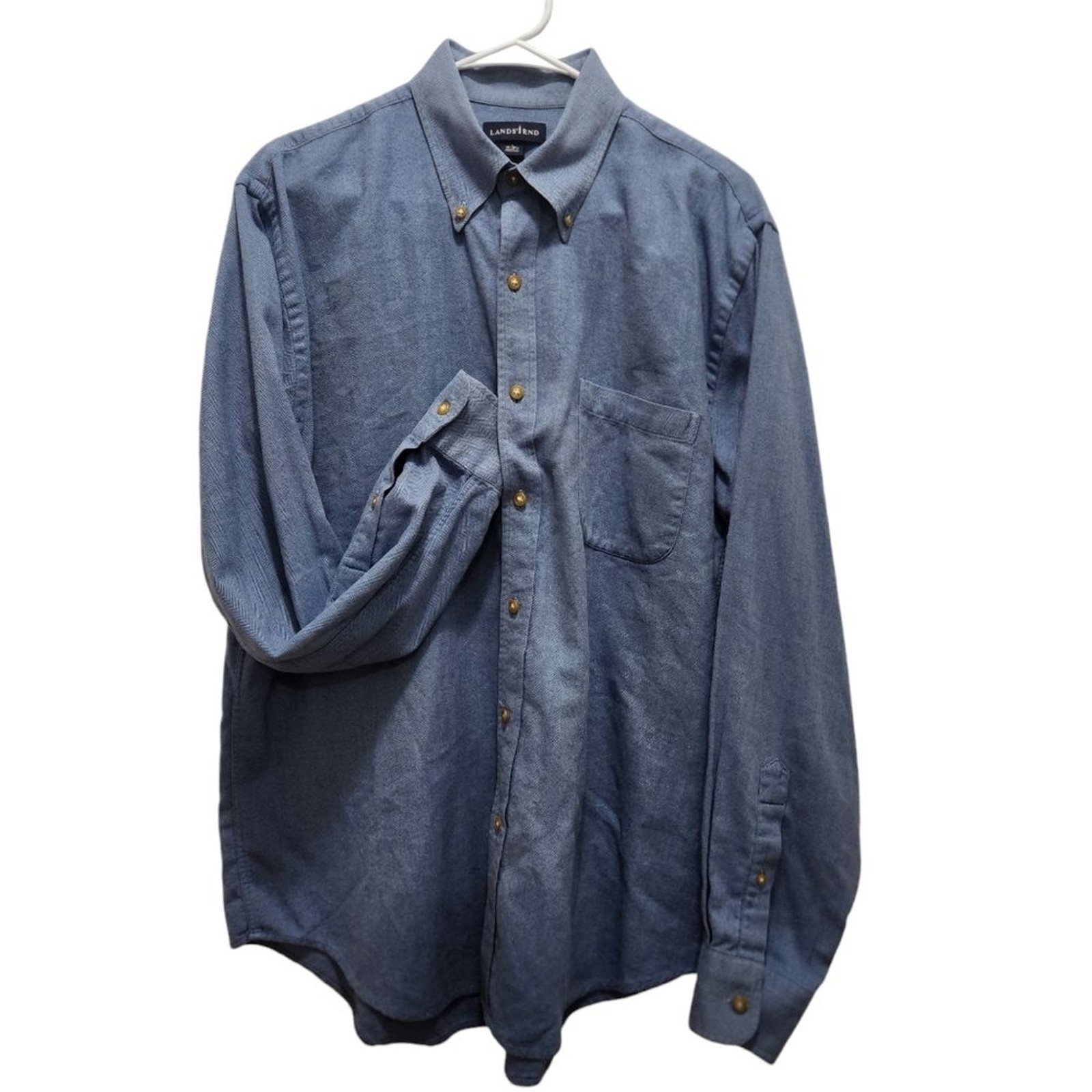 EUC Lands End Cotton Chambray Blue Men’s Size 16-16 1/4 Button Down Work Career