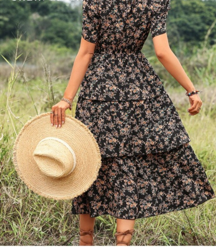Ditsy black floral Petal Sleeve Layered Midi Dress small Prairie Forest Fairy