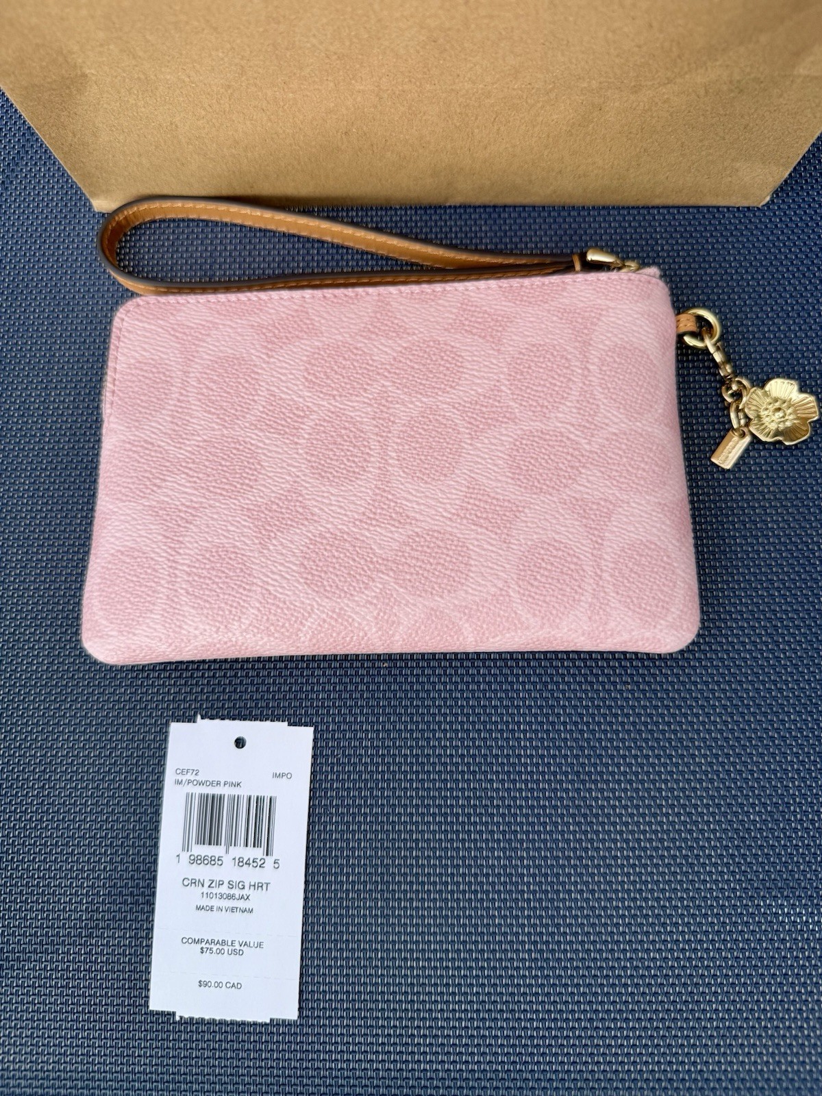 NWT COACH CEF72 Corner Zip Wristlet Signature Canvas with Charm Gold Powder Pink