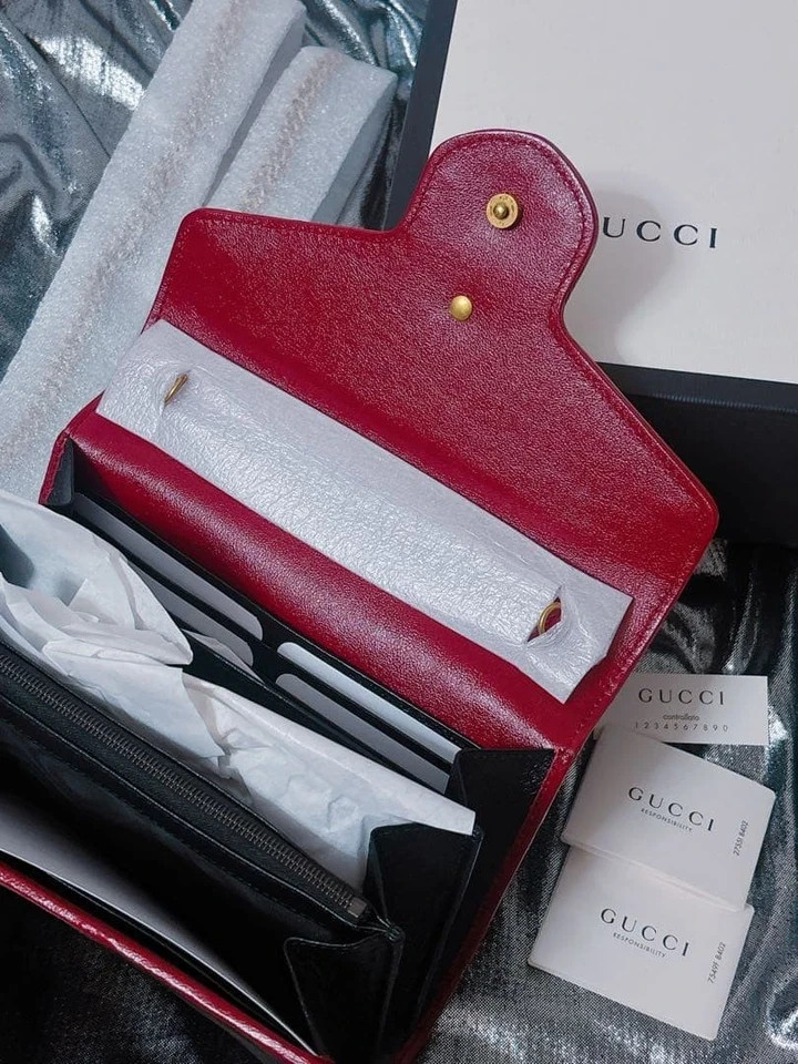 GUCCI Mini Marmont Shoulder Bag Black x Red Leather Chain Shoulder Strap Auth
