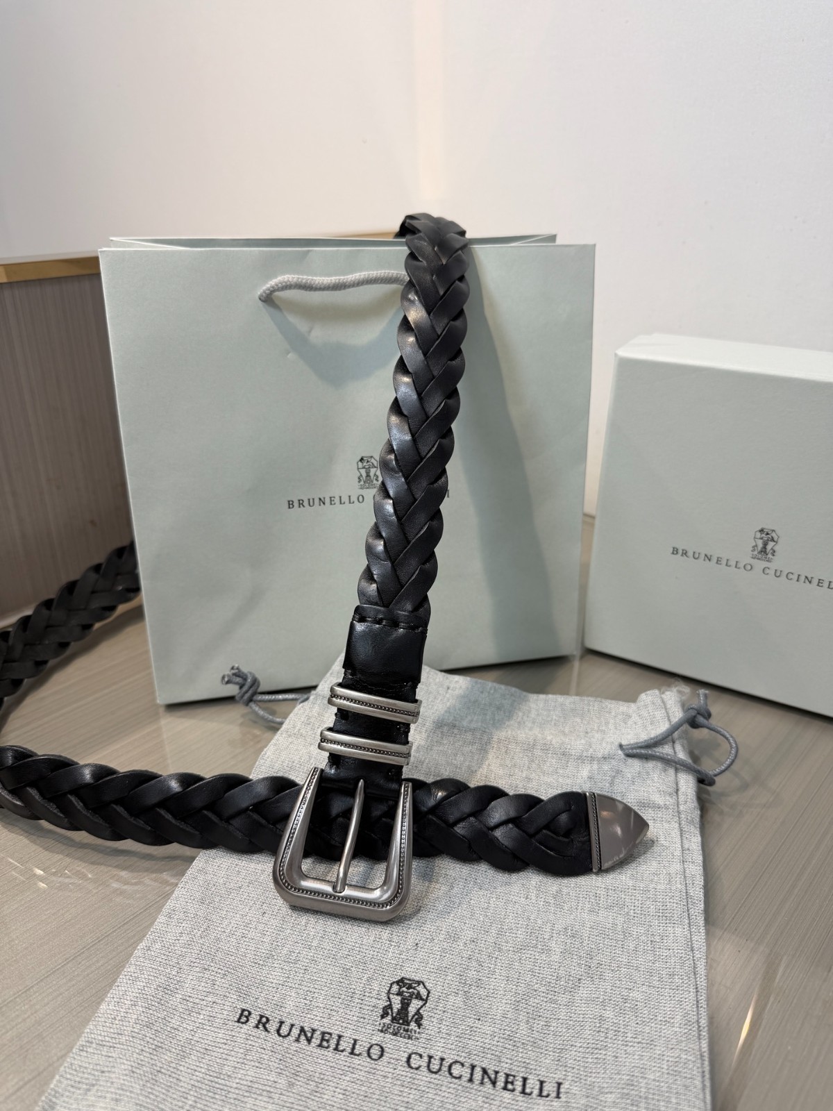 BRUNELLO CUCINELLI Black Leather Braided Gold Buckle Belt Size 95