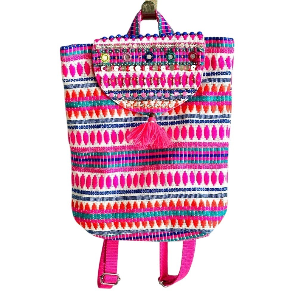 NEW Accessorize Hot Pink Embroidered Boho Woven Backpack Beaded Tassel