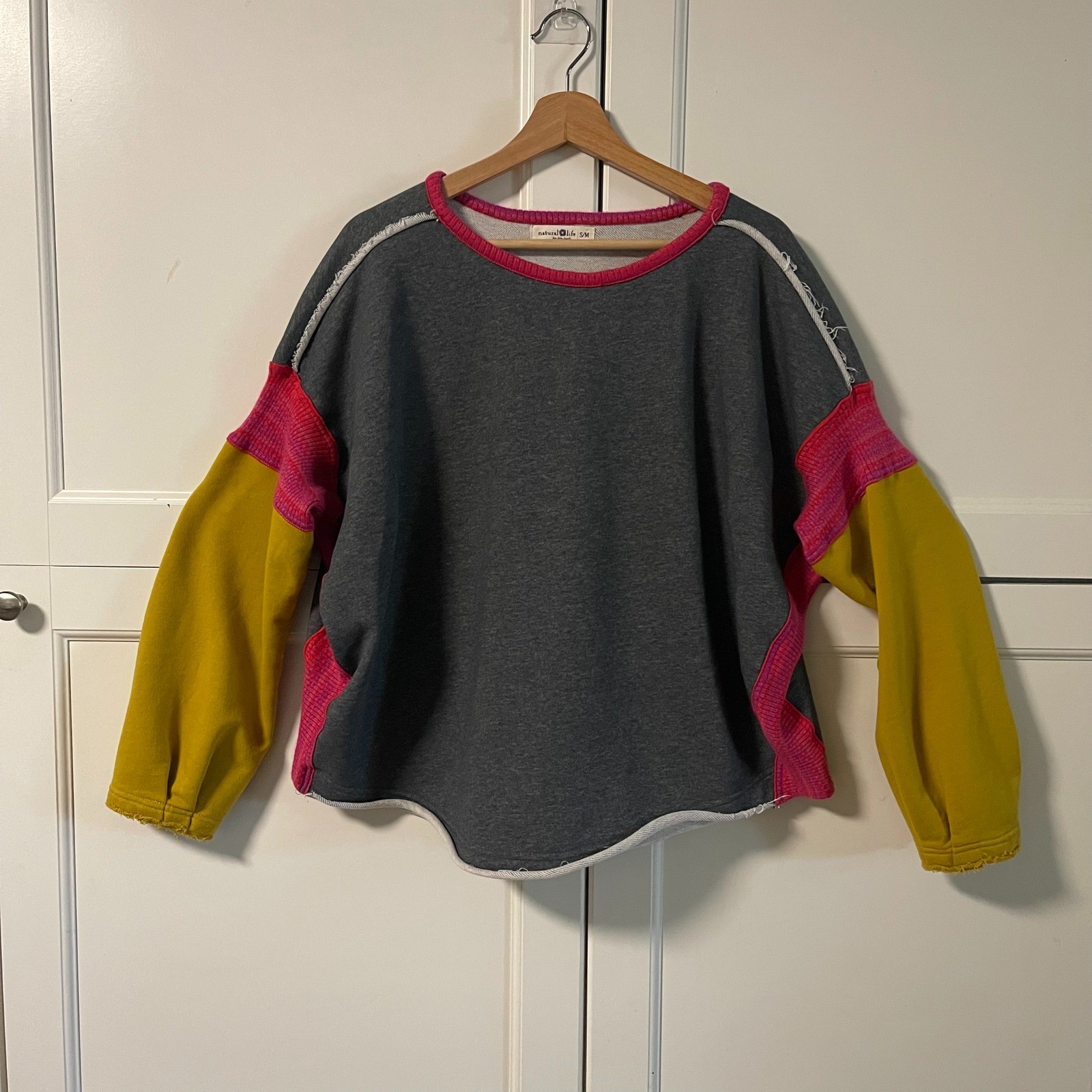 Natural Life Colorblock Oversized Sweatshirt Grey Pink Yellow Boho S/M