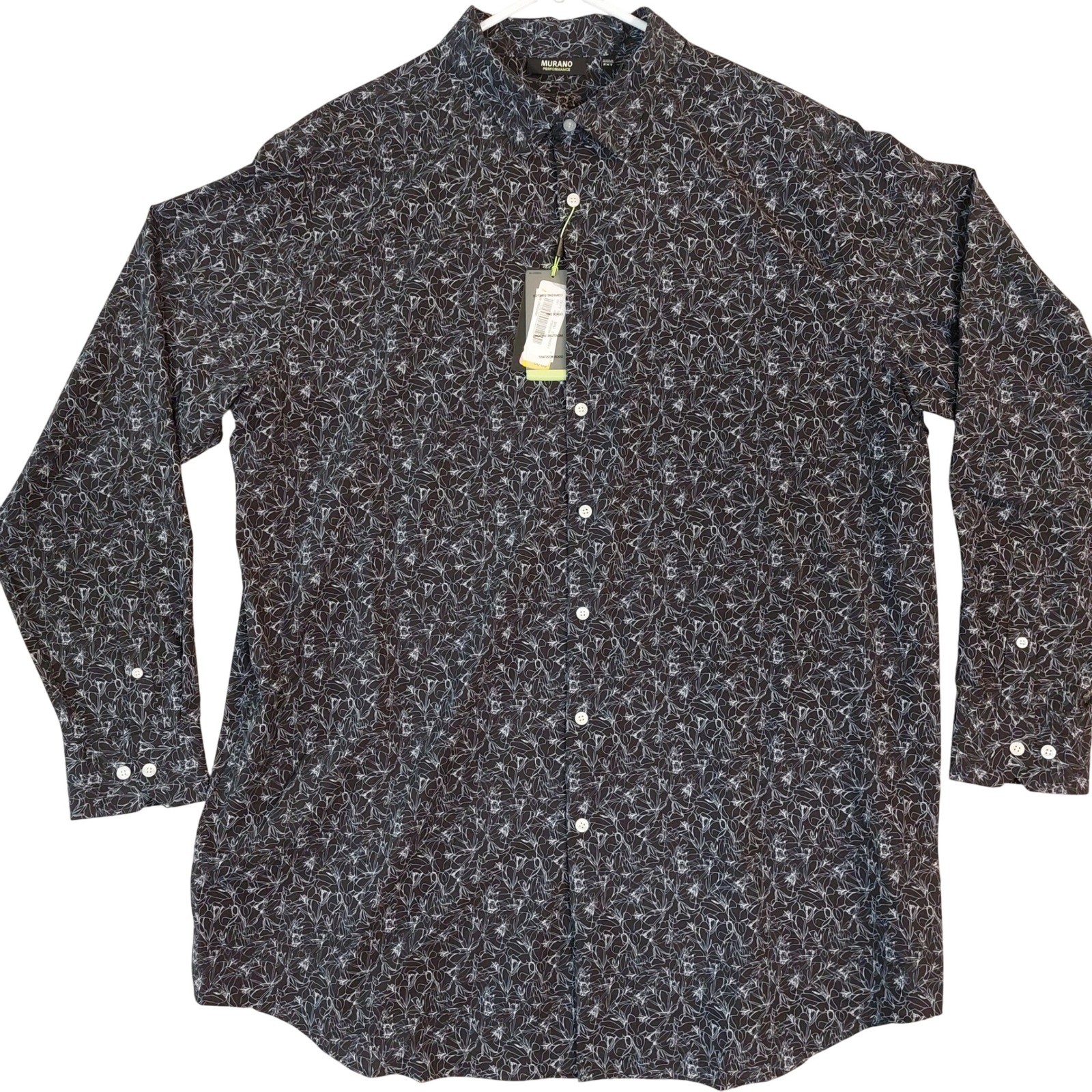 Murano Performance Tall Man Button Down Shirt Black White Floral Print 2XT