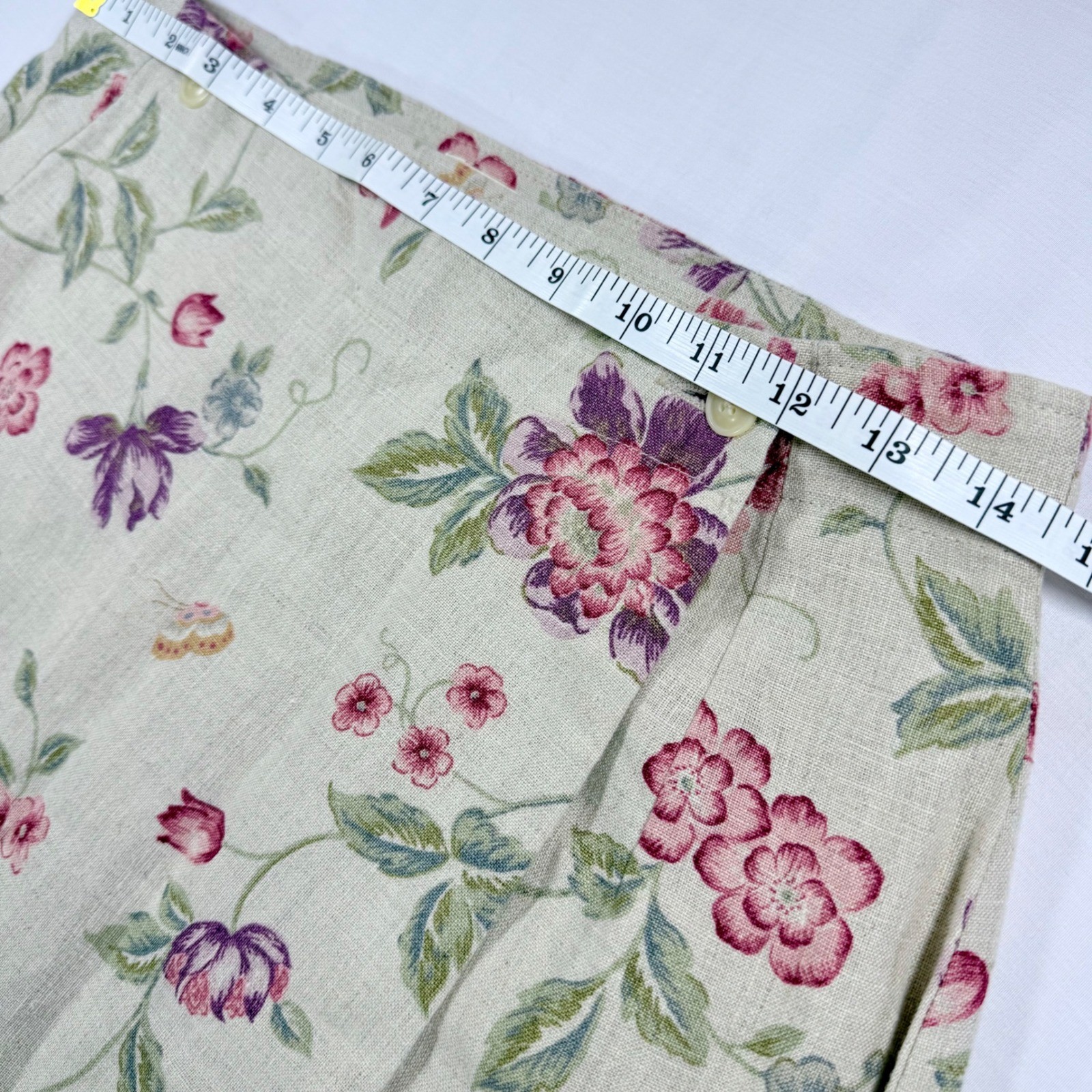 VTG 90s Eddie Bauer Womens Floral 100%Linen Wrap Skirt Beige Pink Purple Maxi 10