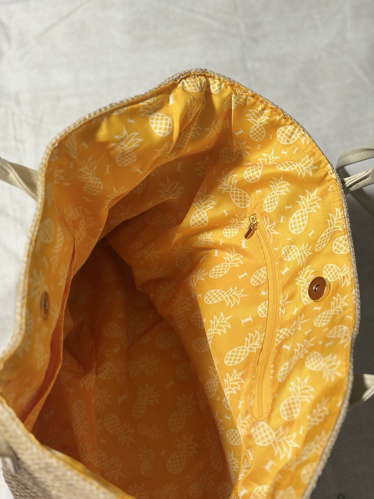 Beige Tote Bag Embroidered “Sun, please” Yellow Pineapple Lined Pockets