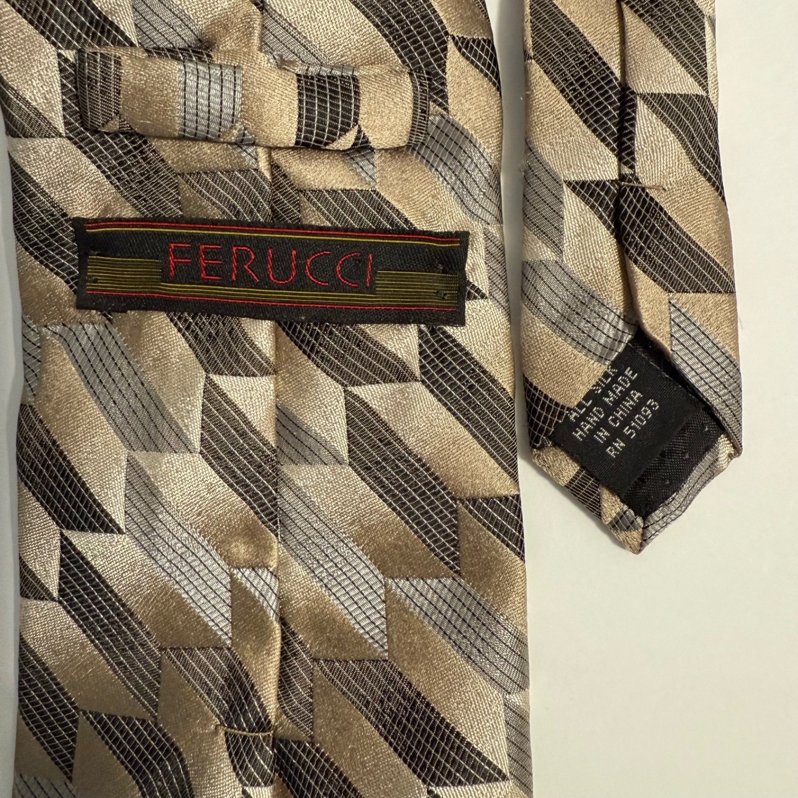 Ferucci Silk Tie Black Silver Tan Geometric Men Necktie 60″ long 3 3/4″ wide