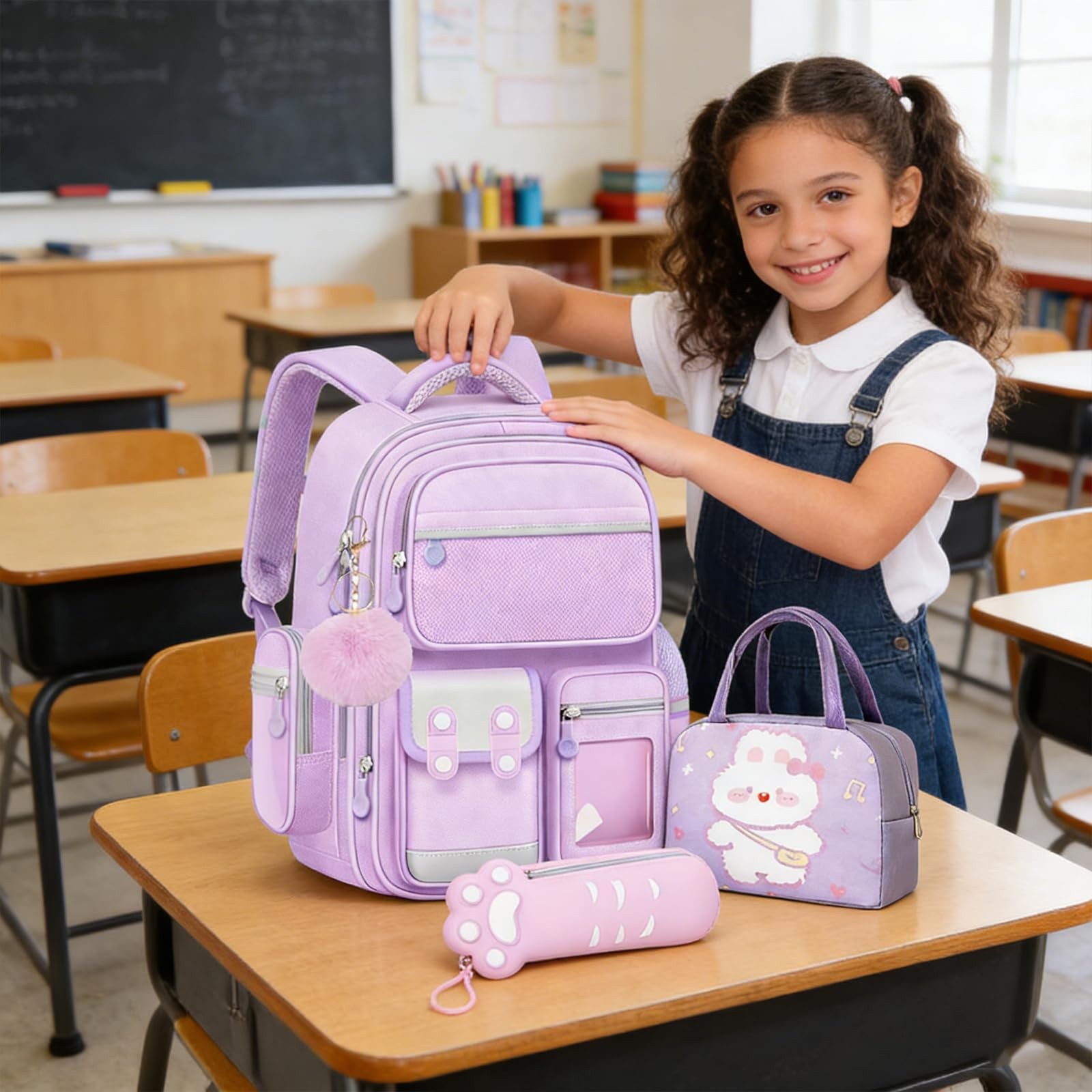 Purple School Backpack 16.5×11.8×7.9in Waterproof Large Capacity – Includes
