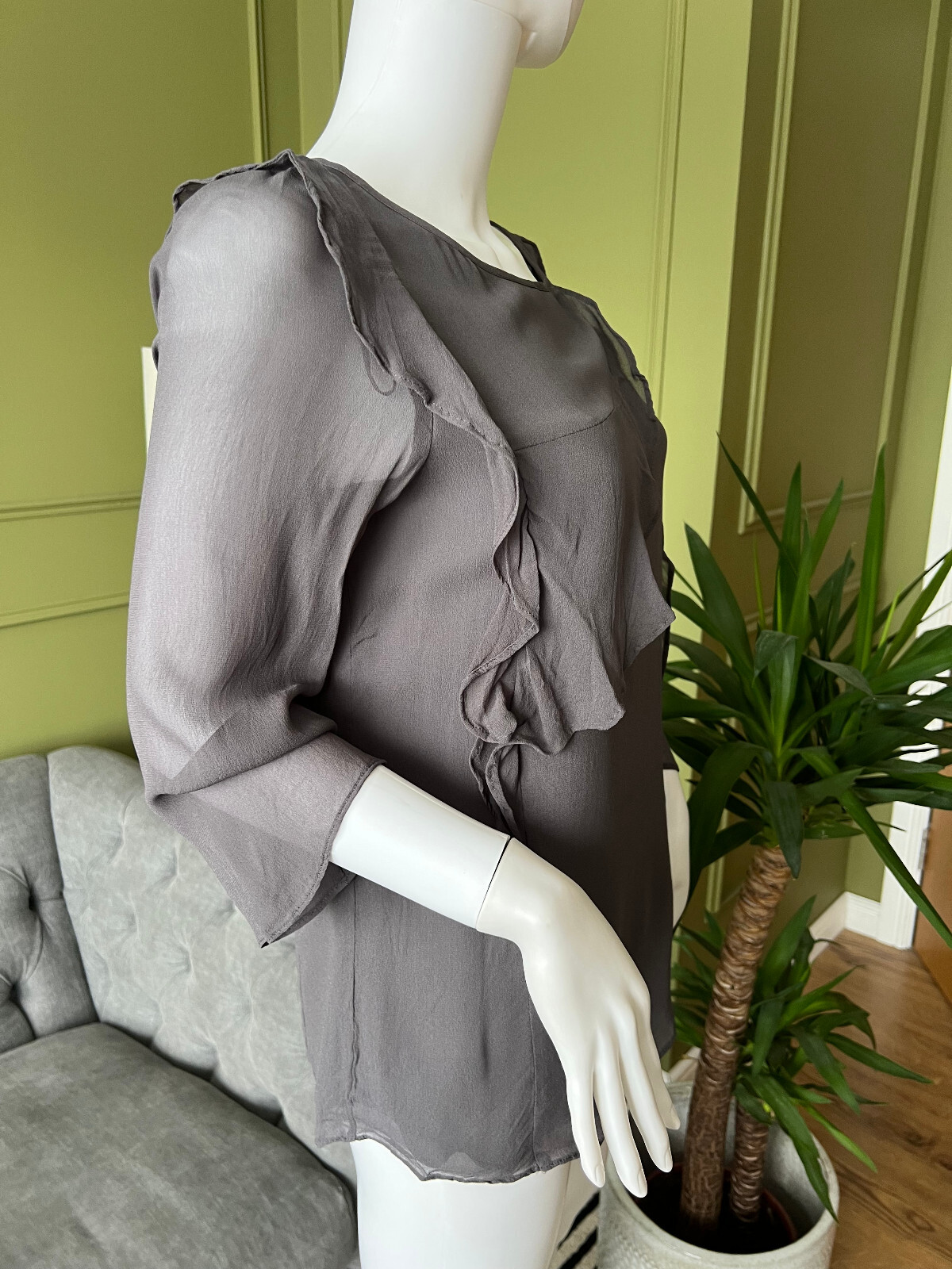 Mint Velvet Top Blouse Ash Grey Chiffon Frill detail lined top UK 10
