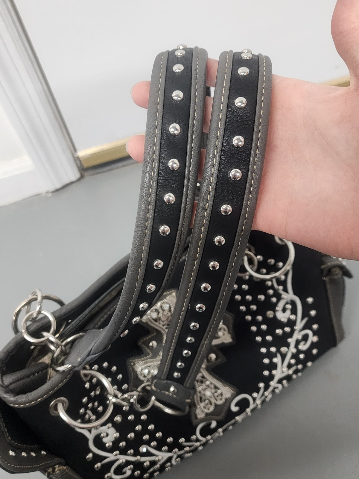 Vintage Y2K Rhinestone Cross Western Gothic Black Leather Handbag Purse