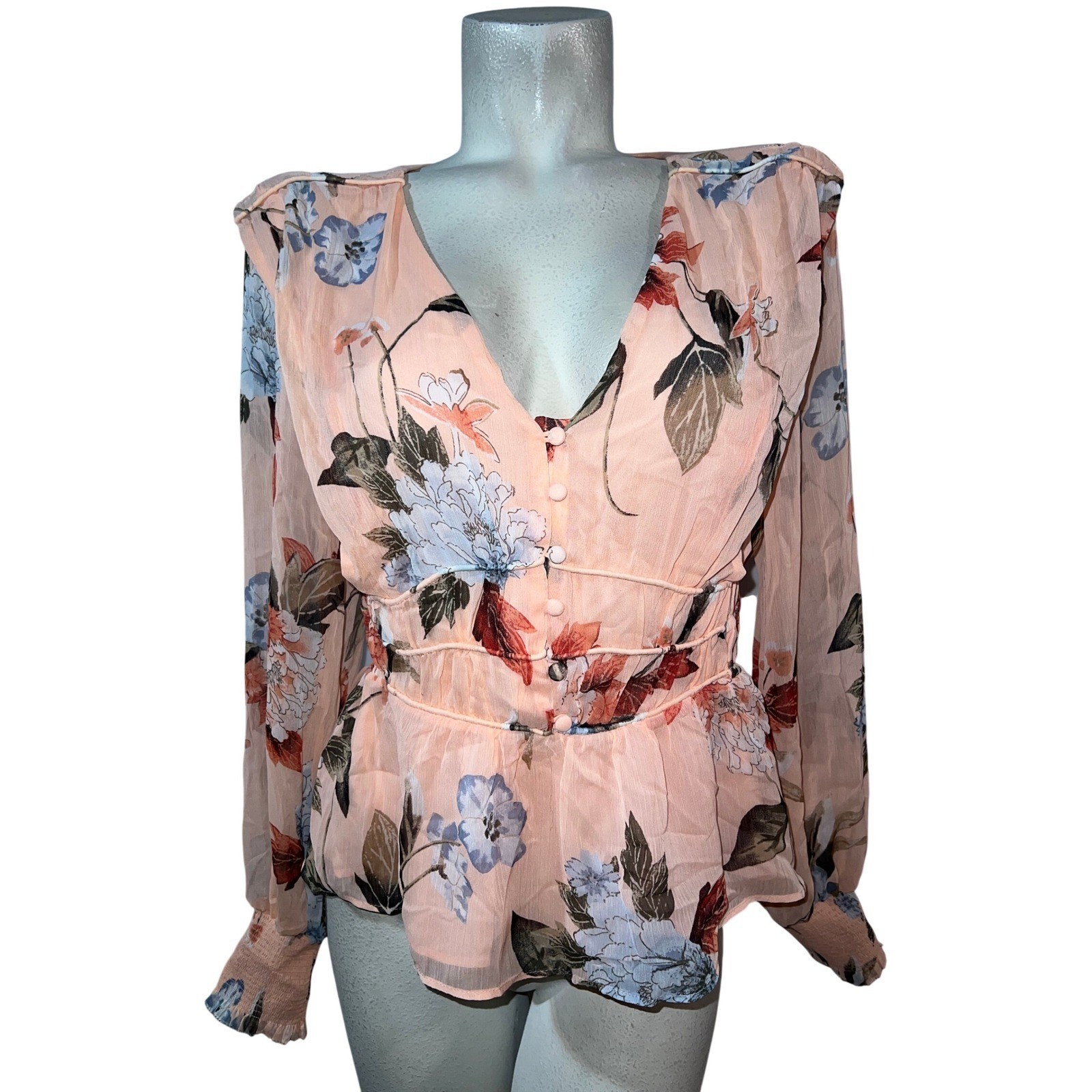 White House Black Market Peach Floral V-Neck Peplum Blouse Medium Smocked Cuff M