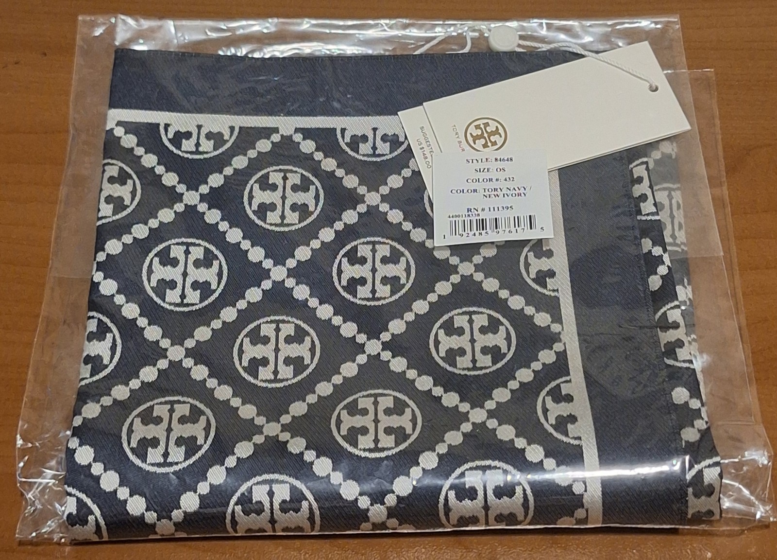Brand New Tory Burch T Monogram Two Tone Scarf Tory Navy/New Ivory 27 X 27 In.