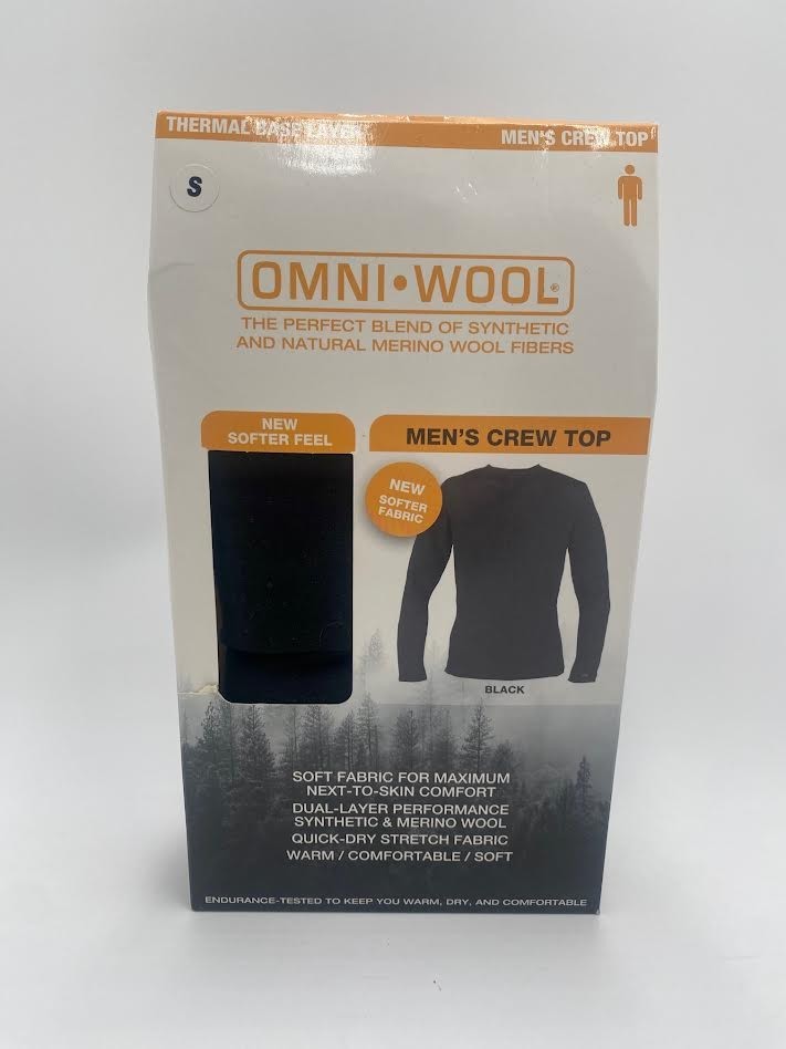 Omni-Wool Men’s Merino Wool Base Layer Crew Top Small Black