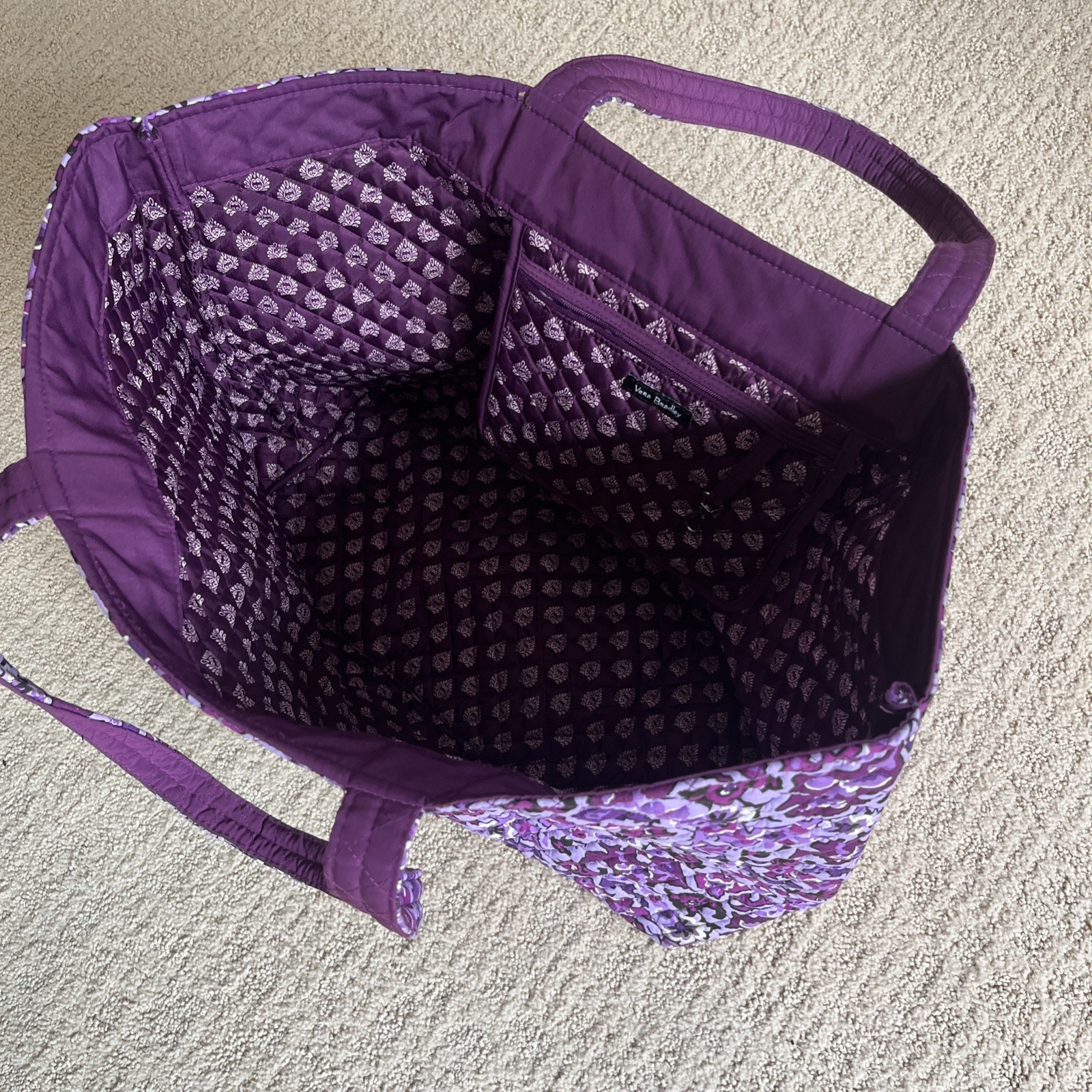 Vera Bradley Purple Floral Quilted Tote Bag, Lined Inner Pockets, Double Handles