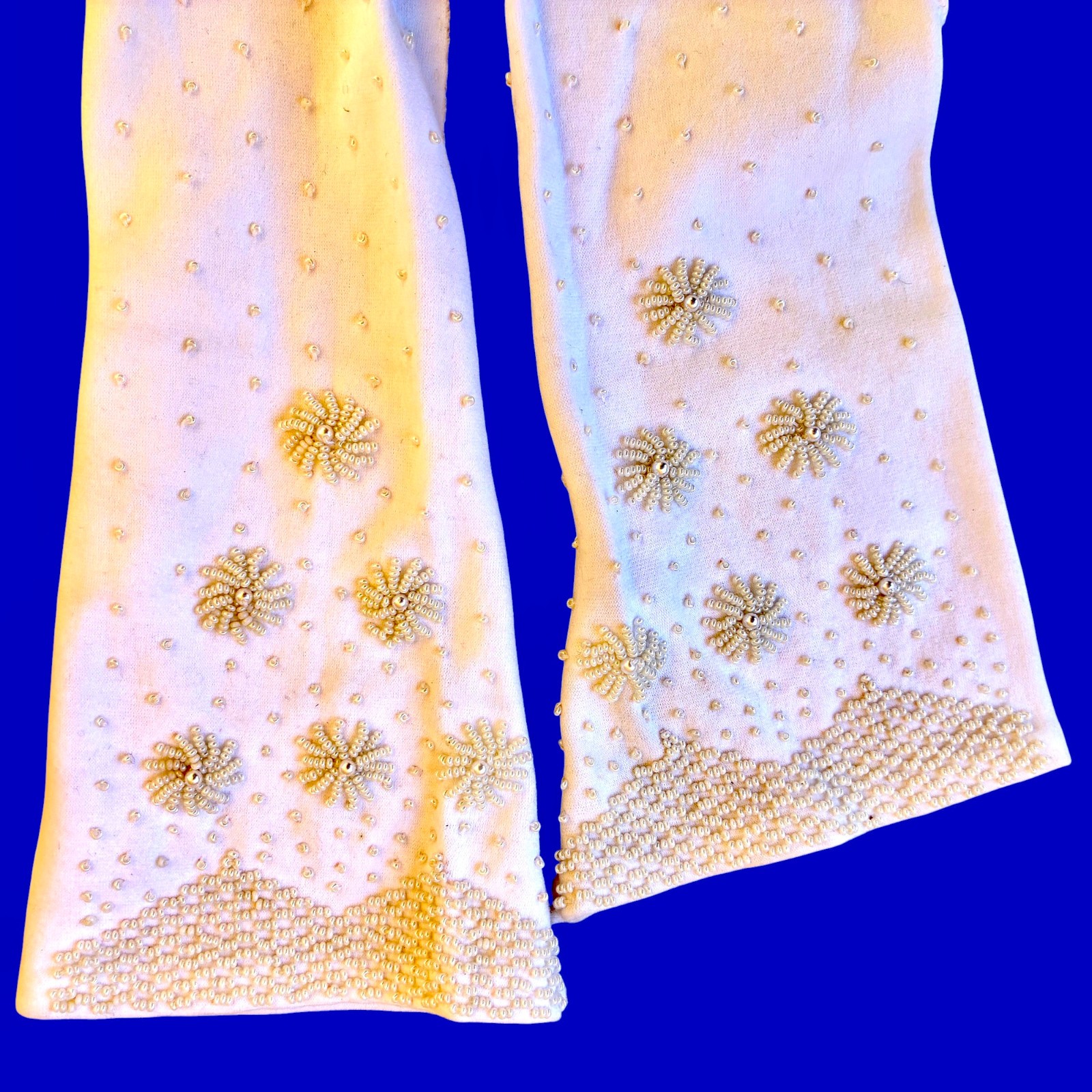 Vintage Hong Kong White Gloves With Beads Flowers Mid Elbow Length Womens 7