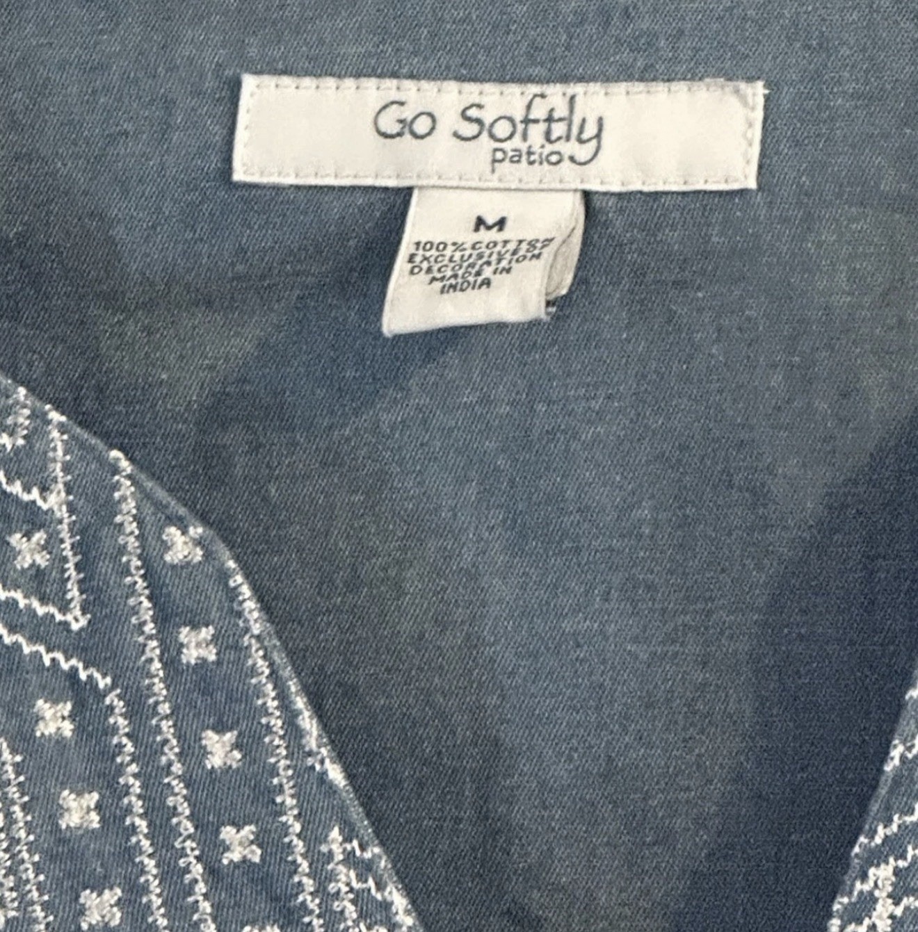 Go Softly Patio Blue House Dress Muumuu Womens M Chambray Embroidered White Maxi