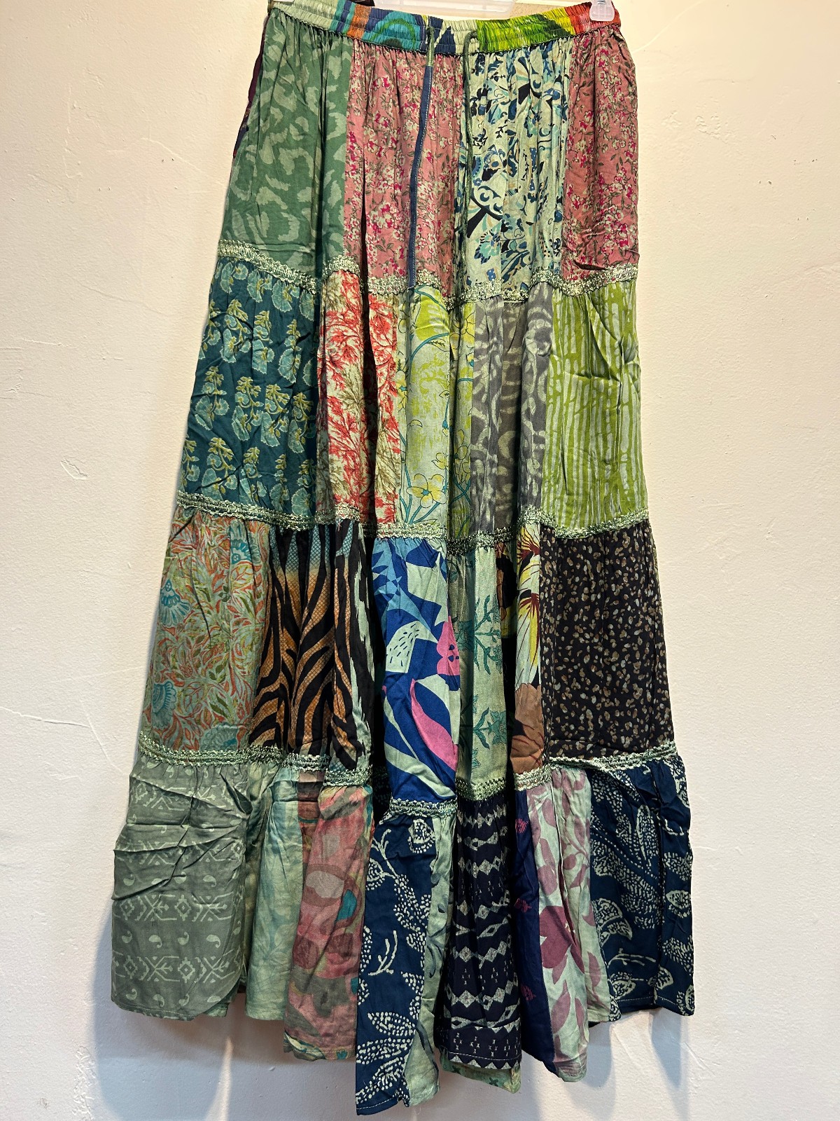 Nwt FUNKY STUFF boho hippy patch rayon elastic waist maxi SKIRT L Free shipping