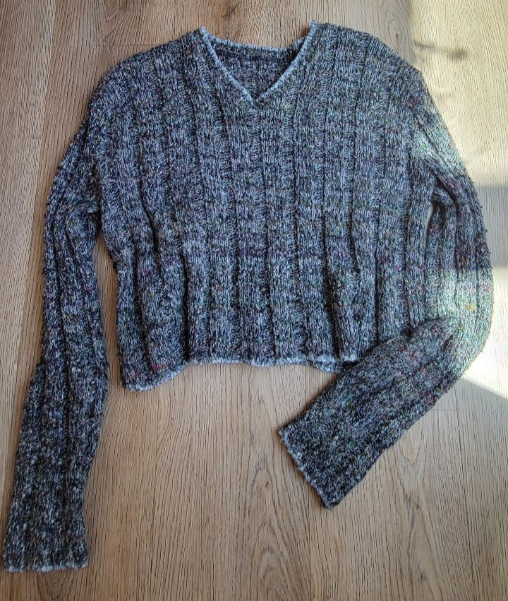 Y2K Grey Chunky Knit Flecked Cropped V-neck Sweater – XS/S