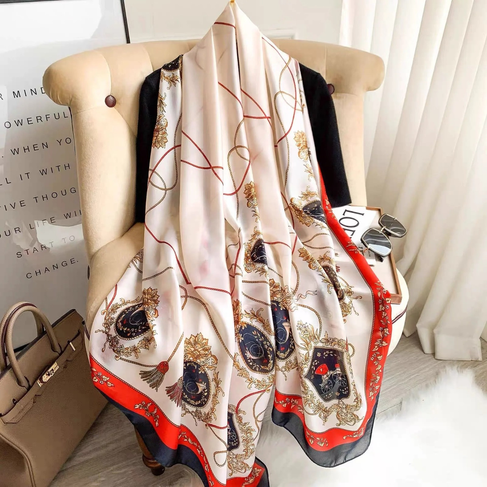 180X80Cm Large Print Silk Scarf Women Luxury Satin Shawl Wrap Hijab Bandana Beac