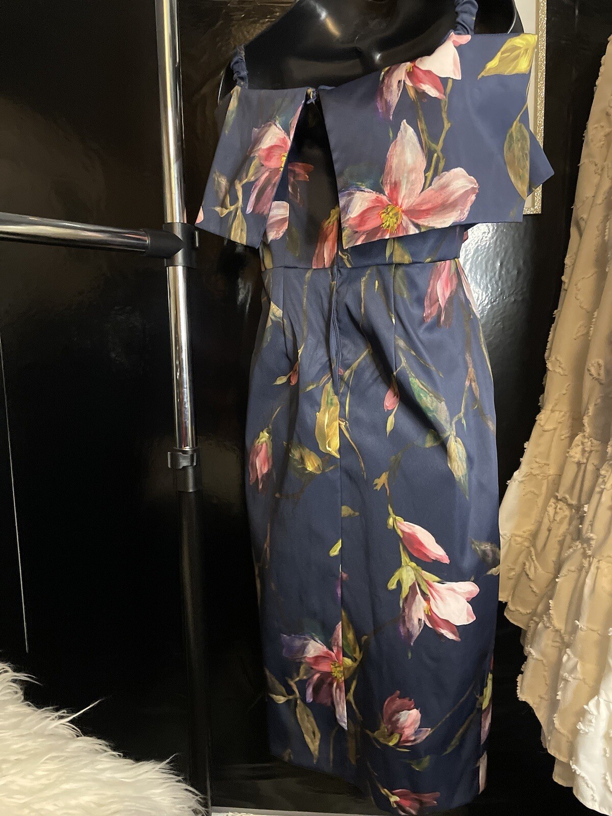 DOROTHY PERKINS Navy Floral Off-Shoulder Pencil Occasion Dress UK 8 EUR 36 US 4