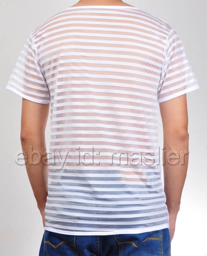 Sexless Neutral Translucent Sheer Short-sleeve T-Shirt Striped Organza Tank Top