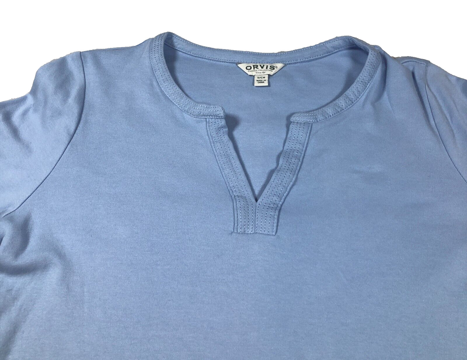 Orvis Classic Collection Womens Top Sz S Blue Pima Cotton V-Neck 3/4 Sleeves